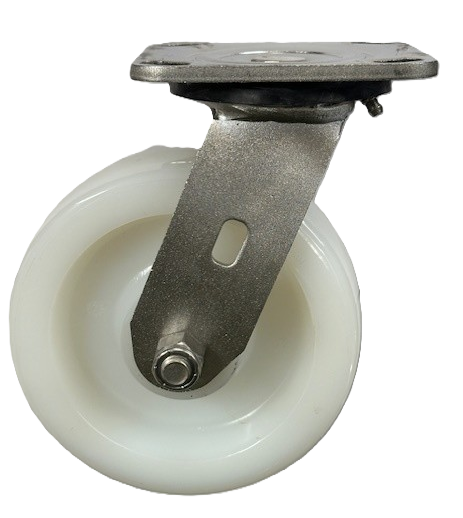 (image for) Caster; Swivel; 6\" x 2\"; Nylon; Plate (4\"x4-1/2\"; holes: 2-5/8\"x3-5/8\" slots to 3\"x3\"; 3/8\" bolt); Stainless Yoke and Roller Brng; 1100# (Item #62905)
