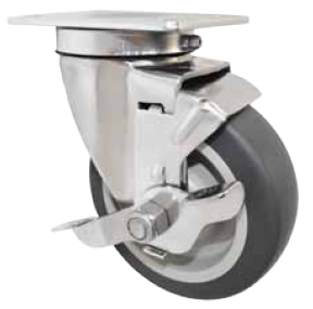Caster; Swivel; 5x1-1/4; TPR Rubber (Gray); Plate; 2-3/8x3-5/8; holes: 1-3/4x2-7/8 (slotted to 3); 5/16 bolt; Prec BB; Brake; Thrd Grds; Dust Cvr; 300# (Item #67827)