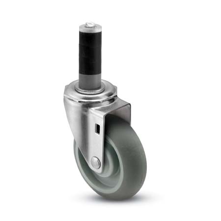 Caster; Swivel; 5x1-1/4; ThermoPlstc Rbr Round (Gray); Expandable Adapter (1-3/8\" - 1-7/16\" ID tubing); Zinc; Delrin Spanner; 300# (Item #66901)
