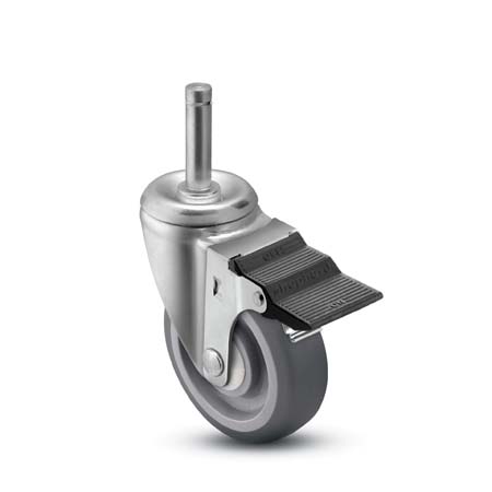 Caster; Swivel; 4\" x 1-1/4\"; PolyU on PolyO (Gray); Grip Ring (7/16\" x 1-1/4\"); Zinc; Precision Ball Brng; 300#; Dust Cover (Mtl); Thread Guards; Pedal brake (Item #64156)