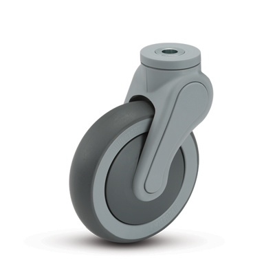 Caster; Swivel; 4\" x 1-1/4\"; Thermoplastized Rubber (Gray); 11mm Hollow Kingpin; Nylon (Gray); Prec Ball Brng; 220#; Thread guards (Item #64291)