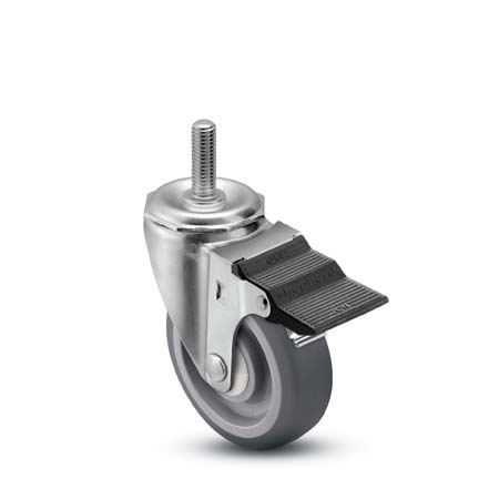 Caster; Swivel; 4\"x1-1/4\"; PolyU on PolyO (Gray); Threaded Stem (1/2\"-13TPI x 2-13/16\"); Zinc; Ball Brng; 300#; Pedal Brake; Bearing Cover; Dustcap (Mtl) (Item #67356)