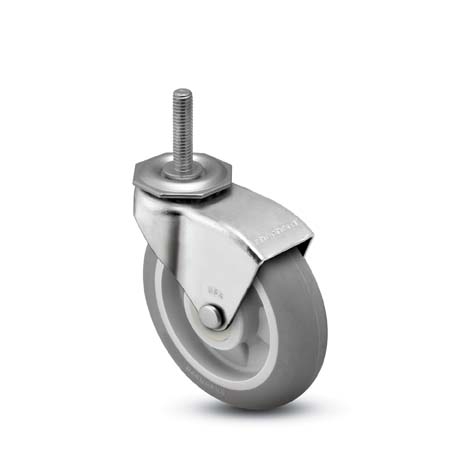 Caster; Swivel; 3 x 13/16; ThermoPlstc Rbr; Round (Gray); Threaded Stem; 5/16-18TPI x 1; Zinc; Plain bore; 120#; Hood (Item #67963)