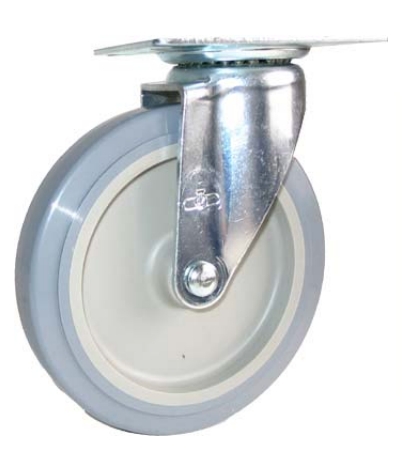 Caster; Swivel; 4\" x 1\"; Thermoplastized Rubber (Gray); Threaded Stem (1/2\"-13TPI x 1-1/2\"); Zinc; Plain bore; 190# (Item #67189)