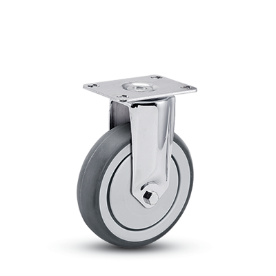 (image for) Caster; Rigid; 4\" x 1-1/4\"; TPR Rubber (Gray); Plate (2-5/8\"x3-3/4\"; holes: 1-3/4\"x2-7/8\" slotted to 3\"); Chrome; Prec BB; 240#; Thread Guards (Item #64375)