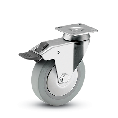 (image for) Caster; Swivel; 3\" x 7/8\"; TPR Rubber; Plate (2-3/8\" Square: holes: 1-1/2\"x1-1/2\" (slots to 1-7/8\"x1-7/8\"); 1/4\" bolt); Chrome; Ball Brng; 140#; Total Lock (Item #63697)