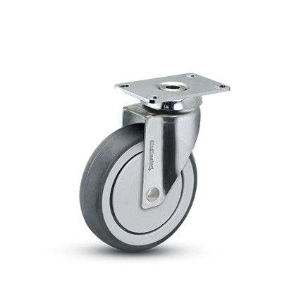(image for) Caster; Swivel; 4\" x 1-1/4\"; TPR Rubber (Gray); Plate (2-5/8\"x3-3/4\"; holes: 1-3/4\"x2-7/8\" slotted to 3\"); Chrome; Prec BB; 240#; Thread Guards (Item #64376)