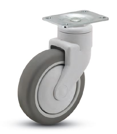 Caster; Swivel; 5\" x 1-1/4\"; TPR Rubber (Gray); Plate (2-3/4\"x3-1/2\": holes: 1-3/4\"x3\"; 5/16\" bolt); Nylon (Gray); Prec Ball Brng; 220#; Thread Guards (Item #64964)