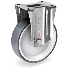 (image for) Caster; Rigid; 3-1/2" x 1-1/4"; Thermoplastized Rubber (Gray); Plate (2-1/2"x3-5/8"; holes: 1-3/4"x2-7/8" slots to 3"; 5/16" bolt); Stainless; 300# (Item #64383)