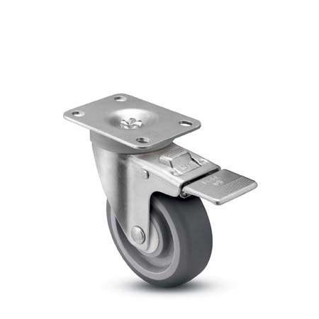 Caster; Swivel; 4\" x 1-1/4\"; TPR Rubber (Gray); Plate (2-5/8\"x3-3/4\"; holes: 1-3/4\"x2-3/4\" slots to 3\"; 5/16\" bolt); Zinc; Precision BB; Total Lock; Brg Cvrs (Item #64693)