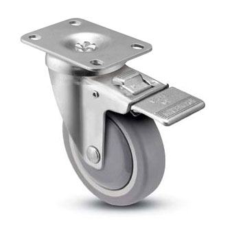 (image for) Caster; Swivel; 5\" x 1-1/4\"; TPR Rbr (Gray); Plate (2-3/8\"x3-5/8\"; holes: 1-3/4\"x2-7/8\" slots to 3\"; 5/16\" bolt); Zinc; 300#; Plastic Dust Cover; Swivel Lock (Item #63337)