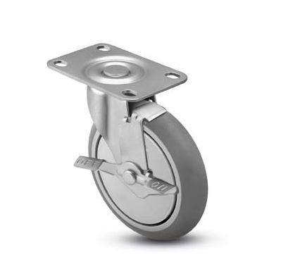 (image for) Caster; Swivel; 5 x 15/16; Gray Rubber (Donut); Plate (2-5/8x3-3/4; holes: 1-3/4x2-3/4 slotted to 3; 5/16 bolt); Plain bore; 160#; Thread guards; Tread Brake (Item #66496)