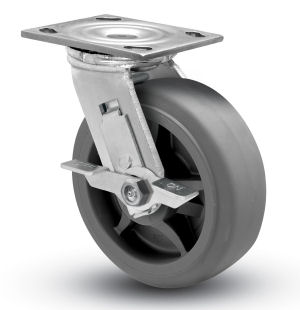 (image for) Caster; Swivel; 5\" x 2\"; Thermoplastized Rubber (Gray); Plate (4\"x4-1/2\"; holes: 2-5/8\"x3-5/8\" slots to 3\"x3\"; 3/8\" bolt); Zinc; Prec Ball Brng; 410#; Brake (Item #63621)