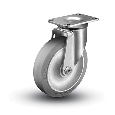 Caster; Swivel; 5\" x 1-1/4\"; Thermoplastized Rubber (Gray); Plate (2-1/2\"x3-5/8\": holes: 1-3/4\"x2-13/16\" (slot to 3-1/16\"); 5/16\" bolt); Zinc; Ball Brng; 325# (Item #63772)