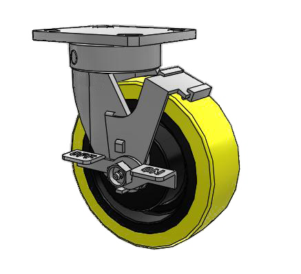 (image for) Caster; Swivel; 6\" x 2\"; PolyU (1/2\"; 95A) on Cast; Plate (4\"x4-1/2\"; holes: 2-5/8\"x3-5/8\" slots to 3\"x3\"; 3/8\" bolt); 6203 Prec BBs; 2000#; Kingpinless; Brake (Item #63253)