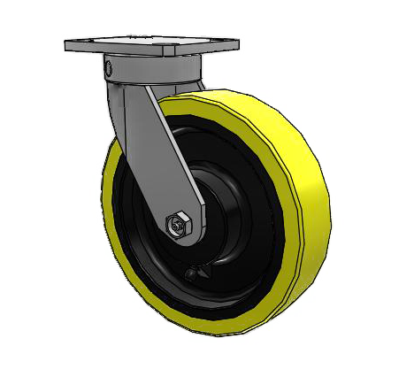 (image for) Caster; Swivel; 6\" x 2\"; PolyU (1/2\"; 95A) on Cast; Plate (4\"x4-1/2\"; holes: 2-5/8\"x3-5/8\" slots to 3\"x3\"; 3/8\" bolt); 6203 Prec Ball Brngs; 2000#; Kingpinless (Item #63252)