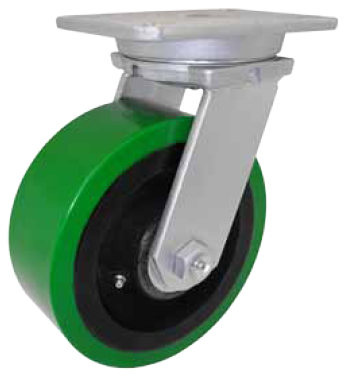 (image for) Caster; Swivel; 8\" x 3\"; 60D 3/4\" Polyu on Cast; Plate (4-1/2\"x6-1/4\"; holes: 2-7/16\"x4-15/16\" slots to 3-3/8\"x5-1/4\"; 1/2\" bolt); Zinc; Tapered Rlr Brng; 2500# (Item #62946)