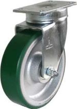 Caster; Swivel; 5 x 1-1/2; PolyU on Cast Iron (Gr/Slvr); Top Plate; 3-3/4x4-1/2; holes: 2-5/8x3-5/8 (slotted to 3x3); 3/8 bolt; Roller Brng; 400#; Zerk (Item #68116)