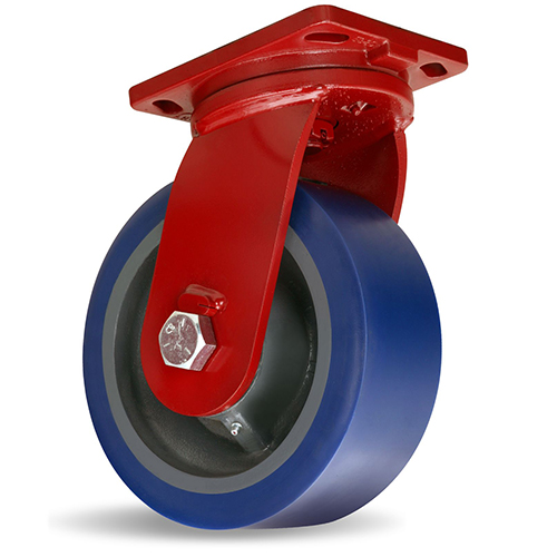 Caster; Swivel; 10\" x 4\"; PolyU on Forged Steel; Plate; 6-1/2\"x7-1/2\": holes: 5-1/8\"x5-3/4\" (slots to 3-7/8\"x6-1/4\"); 1/2\" bolt; Zinc; Prec Tapered Brng; 5000# (Item #63835)