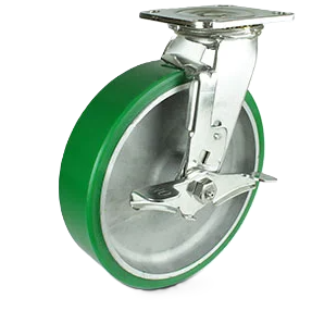 (image for) Caster; Swivel; 6\" x 2\"; PolyU on Alum (Color varies); Plate; 4\"x4-1/2\"; holes: 2-5/8x3-5/8 (slotted to 3x3); 3/8 bolt; Zinc; Roller Brng; 1200# (Item #64297)