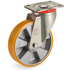 (image for) Caster; Swivel; 150mm x 40mm; PolyU (Orange) on Alum; Plate (110mmx140mm: holes: 80mmx105mm; 11mm bolt); Zinc; Precision Ball Brng; 1100# (Item #64425)