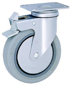 Caster; Swiv; 6 x 1-1/4; Thermoplastic rubber; Top Plate; 2-1/2x3-5/8; holes: 1-3/4x2-15/16; 5/16 bolt; Chrome; Prec Ball Brng; 240#; Pedal Ttl Lck; TG (Item #69857)