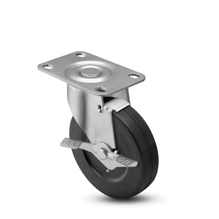 (image for) Caster; Swivel; 2\" x 13/16\"; Rubber (Hard); Top Plate (1-3/16\" x 2\"; holes: 13/16\" x 1-9/16\"; 3/16\" bolt); Zinc; Plain bore; 90#; Side friction brake (Item #65379)