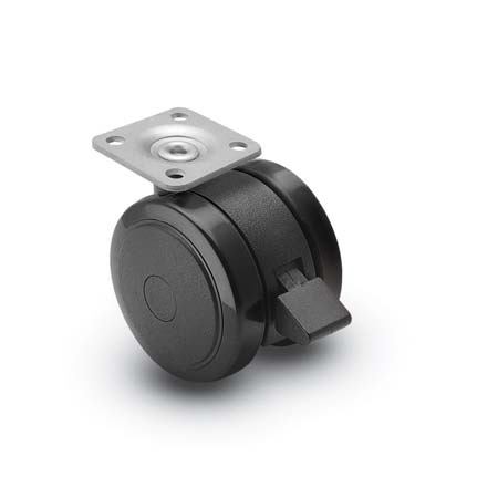 (image for) Caster; Twin; Swivel; 2in (50mm); Nylon; Top Plate; 1-1/2x1-1/2; hole spacing: 1x1; 3/16 bolt; Black; Rivet Brng; 75#; Pedal Lock; Wheel (Item #69307)