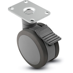 (image for) Caster; Twin Wheel; 100mm (4"); Polyurethane; Top Plate (2-5/8"x3-3/4"; holes: 1-3/4"x2-3/4" slotted to 3"; 5/16" bolt); Gray; Steel Axle; 225#; Total Lock (Item #67358)