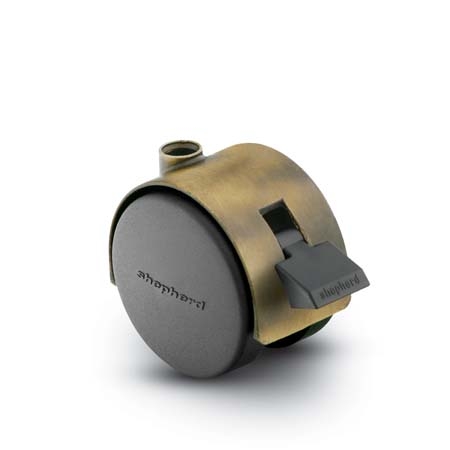 Caster; Twin; Swivel; 2\" (50mm); Nylon; Stemless; Antique; Zinc Body; 75#; Pedal Lock; Wheel; Hood (Receives Shepherd 5/16\" x 1-1/4\" stem) (Item #68628)