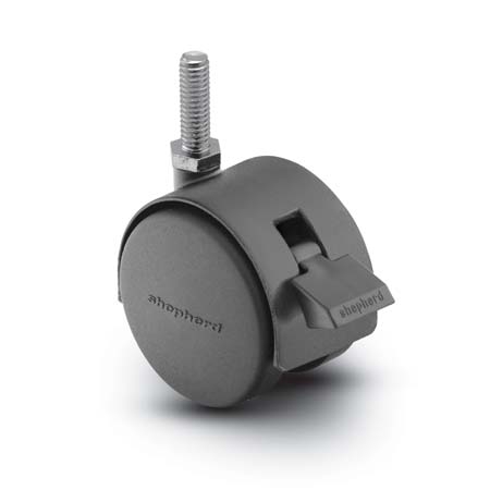 Caster; Twin; Swivel; 2\" (50mm); Nylon; Threaded Stem; 3/8\"-16TPI x 3/4\"; Black; Zinc Body; 75#; Pedal Lock; Wheel; Hood (Item #68177)