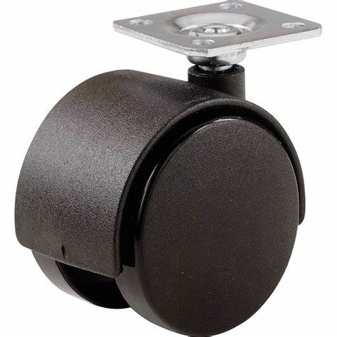 Caster; Twin Wheel; Swivel; 60mm; Polyurethane Tread; Plate (1-1/2\" x 1-1/2\"; holes: 1\" x 1\"; 3/16\" bolt); Black; Riveted Axle; 120#; Hood (Item #63108)