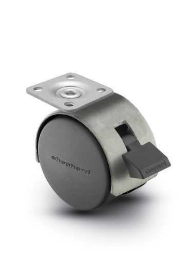 Caster; Twin; Swivel; 2in (50mm); Nylon; Top Plate; 1-1/2x1-1/2; hole spacing: 1x1; 3/16 bolt; Satin Chrome; Zinc Body; 75#; Pedal Lock; Wheel; Hood (Item #68616)