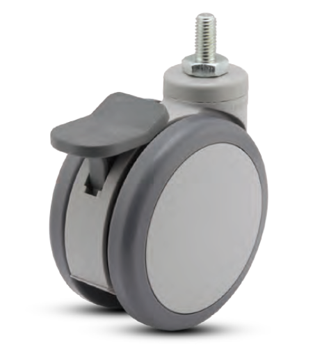 (image for) Caster; Twin Wheel; Swivel; 125mm x 3\" width; Gray Thermoplastized Rubber; Threaded Stem (12mm x1\"); Gray; Prec Ball Brngs; 240#; Pedal Style Total Lock (Item #63256)