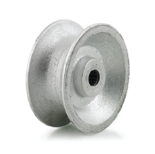 Wheel; U-Groove for Pipe; 5"; Cast Iron; Outer width 2-1/4"; Roller Brng; 3/4" Bore; 2-3/16" Hub Length; 600#. Work with 1-3/4" diameter pipes. (Item #88561)