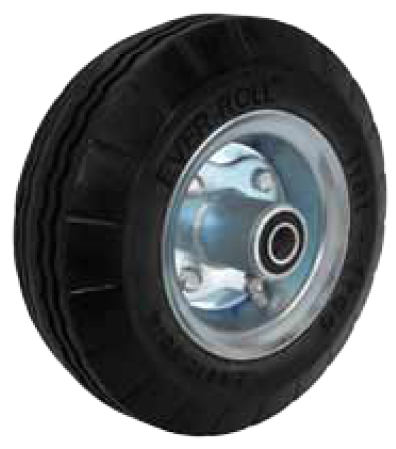(image for) Caster; Swivel; 10" x 3"; Flat Free; Plate (4"x4-1/2"; holes: 2-5/8"x3-5/8" slots to 3x3; 3/8 bolt); Prec BB; 280#; Sawtooth tread; Bolt-together Hub; Brake (Item #64208)