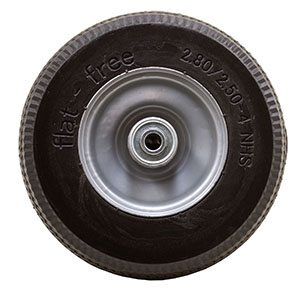 (image for) Caster; Swivel; 10" x 3"; Flat Free Tire (Black); Plate (4-1/2"x6-1/4"; holes: 2-7/16"x4-15/16" slotted to 3-3/8"x5-1/4"; 3/8" bolt); Zinc; Prec BB; 280#; Brake (Item #62909)