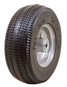 Caster; Rigid; 10" x 4"; Flat Free Tire (Black); Plate (4"x4-1/2"; holes: 2-5/8"x3-5/8" slots to 3"x3"; 3/8" bolt); Zinc; Prec Ball Brngs; 440#; Made in USA (Item #62966)