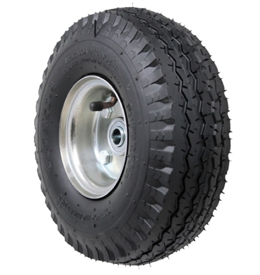 Wheel; 10\"x3-1/2\" (4.10/3.50-4); Pneumatic (Black); Precision Ball Brng; 5/8\" Bore; 2-1/4\" Hub Length; 500#; Offset Bolted Hub (Item #89026)