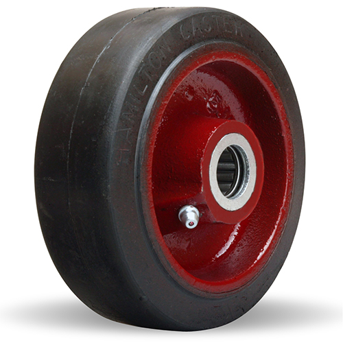 Wheel; 6\" x 2\"; Rubber on Red Cast Iron; Plain bore; 1-7/16\" Bore; 2-1/4\" Hub Length; 410# (Item #87702)