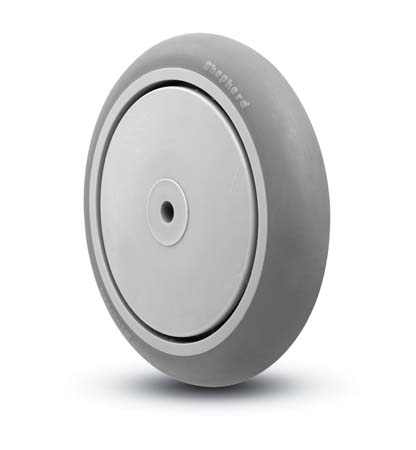 (image for) Wheel; 5\" x 1\"; ThermoPlstc Rbr; Round (Gray); Precision Ball Brng; 160#; 5/16\" Bore; 1-3/16\" Hub Length; Thread guards (Item #89445)