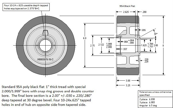 (image for) Wheel; 8\" x 3\"; PolyU (1\"; 95A) on HD Cast; 2\" Stepped Plain Bore with Snap Ring Groove; Dbl. Counter Bore 3-1/4\" Hub Length; 3200#; Made in USA; Threaded Cap (Item #87605)