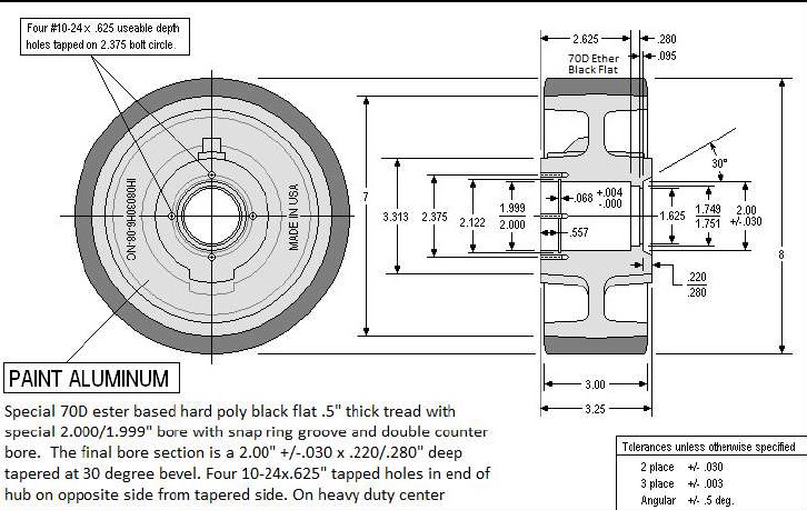 (image for) Wheel; 8\" x 3\"; PolyU on HD Cast Iron (1/2\"; 70D; black tread); 2\" Stepped Bore; Snap Ring groove; dbl counter bore 3-1/4\" Hub Length; 3200#; Made in USA (Item #87606)