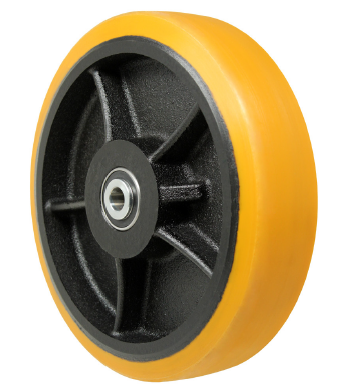 (image for) Caster; Swivel; 6" x 2"; PolyU (1/2"; 95A) on Cast; Plate (4"x4-1/2"; holes: 2-5/8"x3-5/8" slots to 3"x3"; 3/8" bolt); 6203 Prec Ball Brngs; 2000#; Kingpinless (Item #63252)
