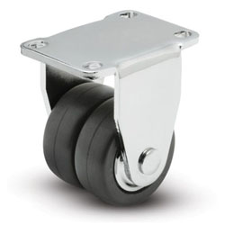 (image for) Caster; Dual Wheel; Rigid; 2"x1"; Rubber (Soft Black Donut); Plate (2-1/2x3-5/8: holes: 1-3/4"x2-3/4" (slots to 3); 5/16 bolt); Chrome; Prec BB; Thrd Grds; 300# (Item #66156)