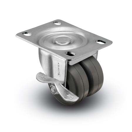 (image for) Caster; Dual Wheel; Swivel; 2\" x 7/8\" (x2); Soft Rubber (non-marking); Plate (2-5/8\"x3-3/4\"; holes: 1-3/4\"x2-3/4\" slotted to 3\"; 5/16\" bolt); 180#; Brake (Item #65184)