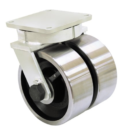 Dual Wheel Caster; Swivel; 6\" x 3\"; Crowned Forged; Plate (6-1/4\"x7-1/2\": holes: 4-1/8\"x6\" slots to 4-1/2\"x6-1/8\"; 1/2\" bolt); Tapered Brng; 20000#; Kingpinless (Item #63116)