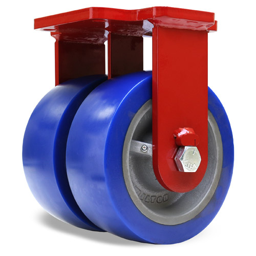 (image for) Caster; Rigid; 8\" x 3\"; PolyU (1\"; 85A) on Steel; Plate (7-1/2\"x9-1/8\": holes: 4-1/8\"x6-1/8\"; 5/8\" bolt); Red Painted; Prec Ball Brngs; 4800#; Ergonomic (Item #63443)