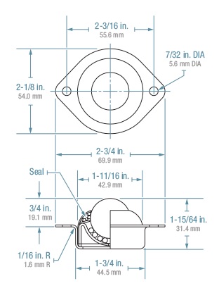 (image for) Ball Transfer; Low Profile; 1" Stainless Steel ball; Flange (2-1/8"x2-3/4": two holes: 2-3/16" apart); Stainless Steel housing; 75#; Low 3/4" inch profile (Item #89098)