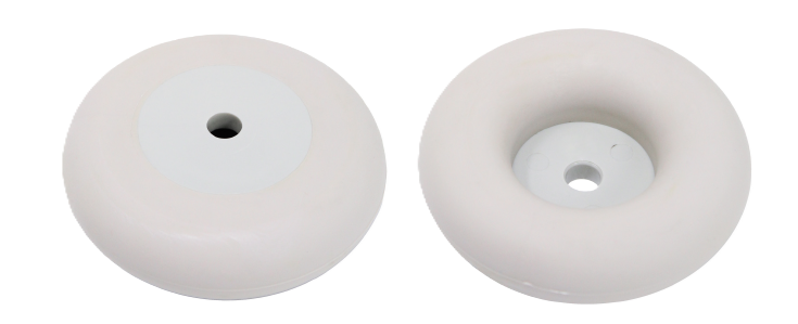 Caster End Bumper; 3-1/4\" Diameter; 1\" Height; Rubber; 1/2\" Hole; Equipped with steel insert. Generally used on the Ends of tubular handles on carts. (Item #87367)